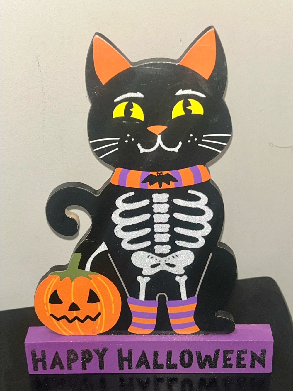 Black Cat Halloween Standing Decor with Orange Pumpkin